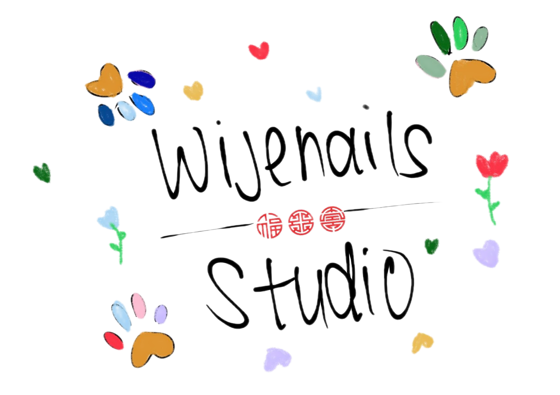 WijeNails Studio logo, handwritten script with colorful paw prints, hearts, flowers and three red Chinese luck symbols